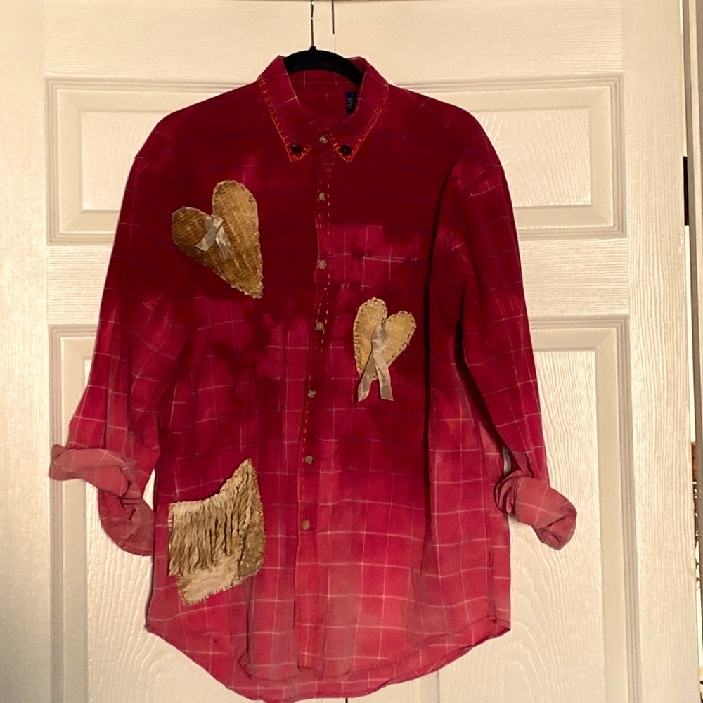Shacket OOAK Chenille Heart Red VintageTop Blouse Embroidered BOHO Bleach L